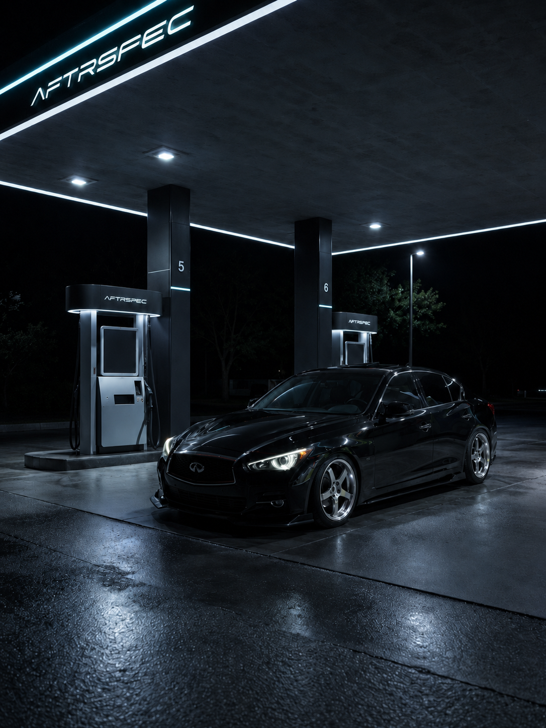 AFTRSPEC modified Infiniti Q50 at branded fuel station at night