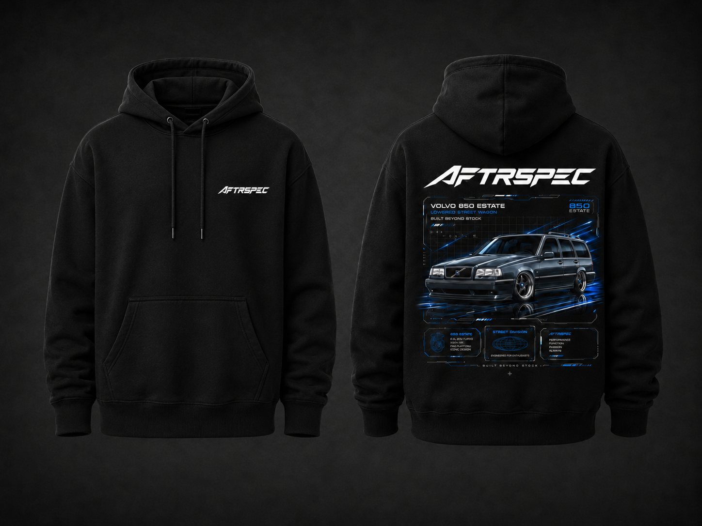 AFTRSPEC Volvo 850 Estate custom hoodie template — full hoodie mockup